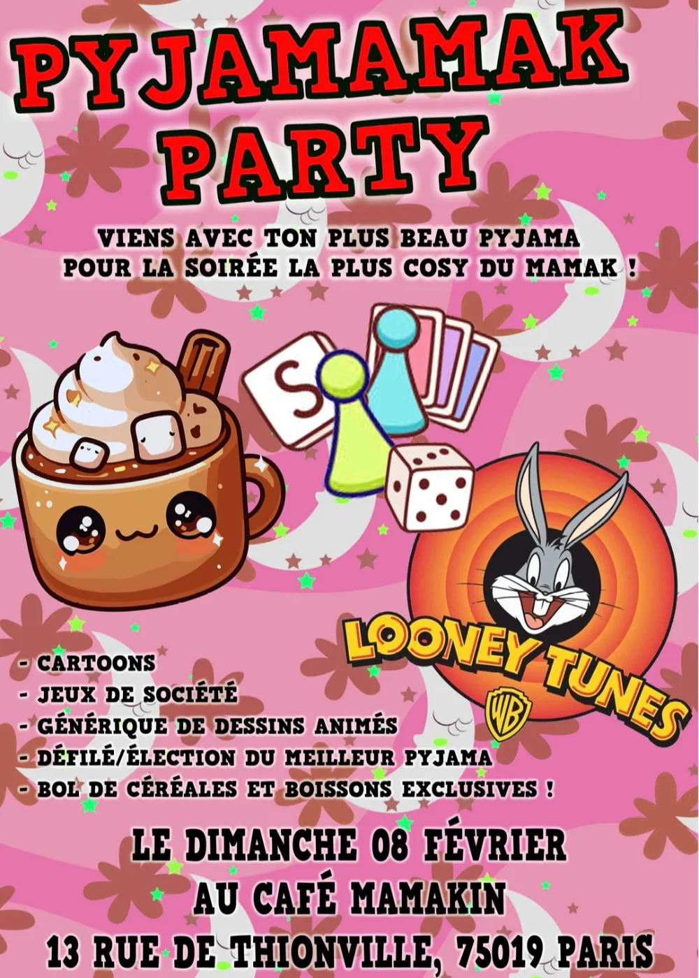 Affiche soirée pyjama avec jeux et dessins animés